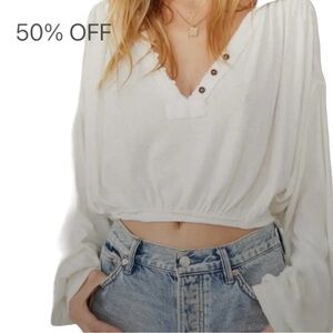 Free People Darren Top We The Free Long Sleeve Ivory Cropped Size Large NWT!
